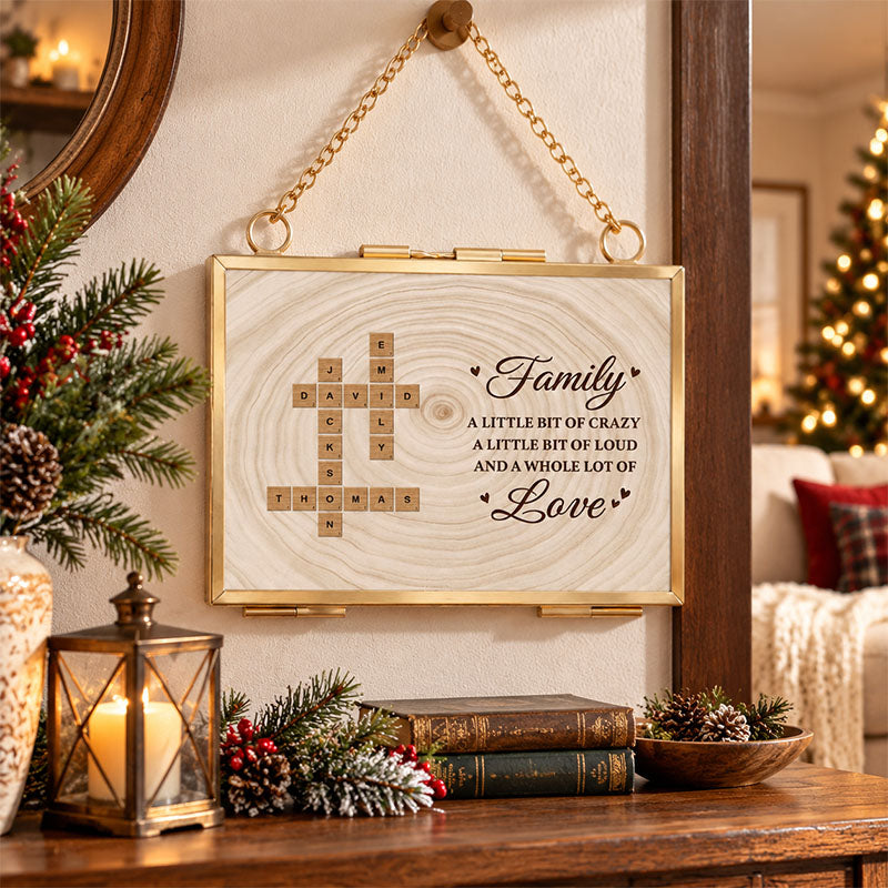 Personalized Crossword Hanging Photo Frame Ornament, Custom Family Name Keepsake Gift For Christmas