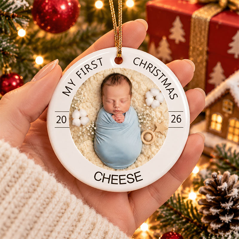 Baby's First Christmas Personalized Ceramic Photo Ornament, Custom Name and Year Keepsake for New Parents and Grandparents, Holiday Gift
