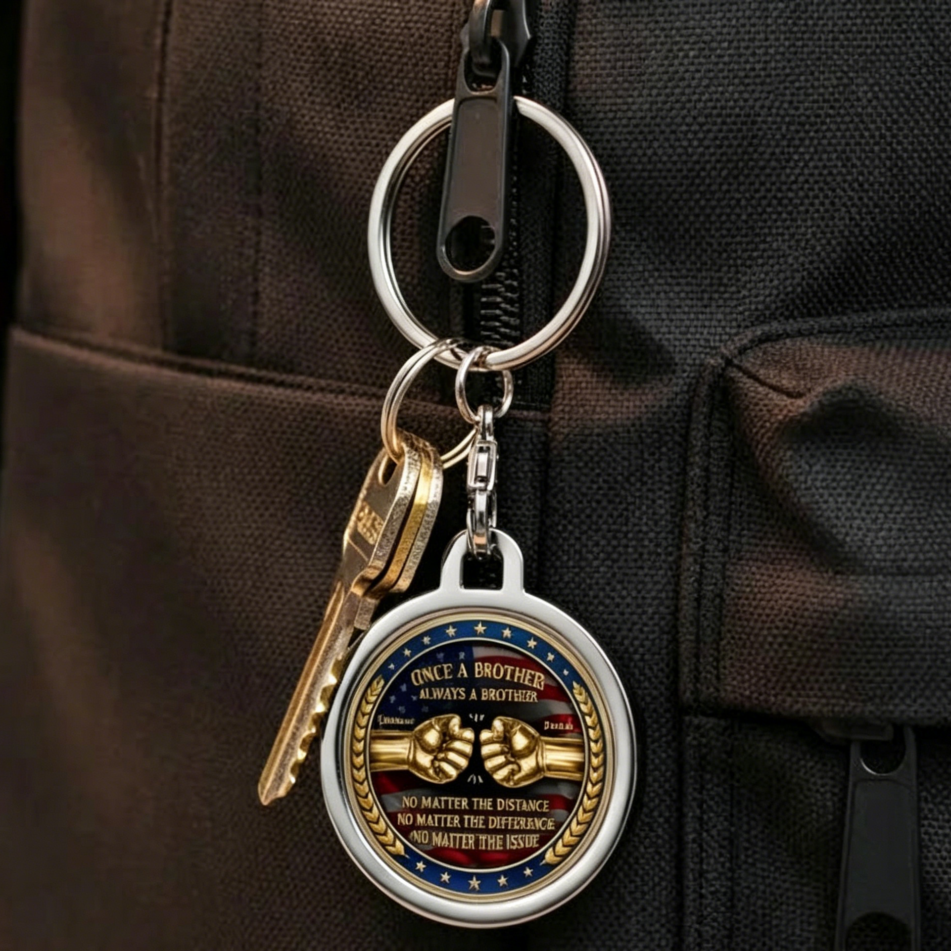Personalized Keychain With 3D Metal Star-Spangled Banner Engraved With Slogan “Once Brothers, Always Brothers”