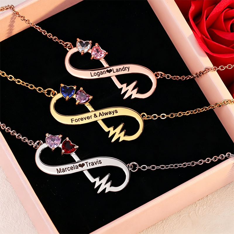 Heartbeat Infinity Symbol Necklace, Customizable With Your Text, Set With 12 Birthstones, A Symbol Of Eternity, A Perfect Gift For Mom, Best Friend, or Girlfriend, or An Anniversary or Wedding Present.