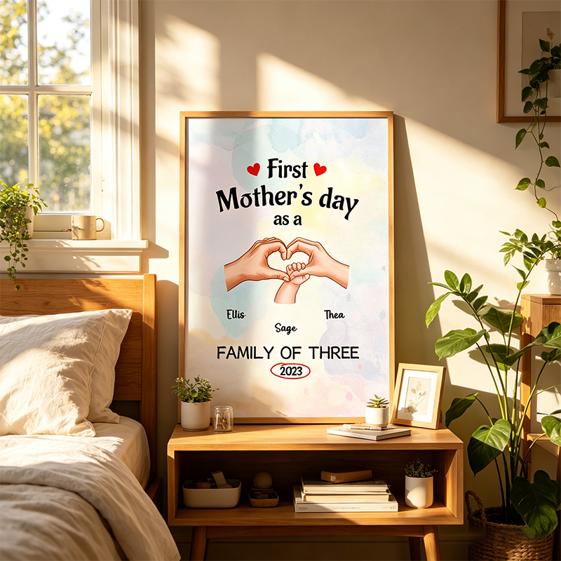 First Mother’s Day as a Family of Three, Personalized Custom Canvas Print, Hand Heart Design with Dad/Mom/Baby Skin Tones, Names & Year, Perfect Gift for New Moms, Home Decor for Nursery or Living Room