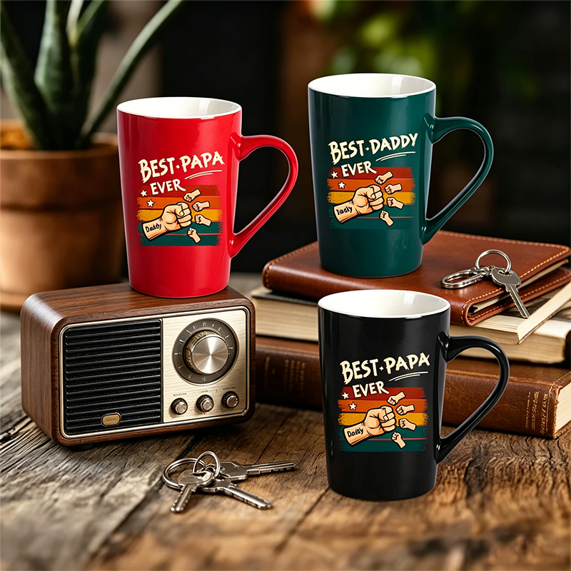 Personalized Best Papa Ever Dad Fist Bump Ceramic Mug, Customizable Color & Skin Tone, Gift for Fathers from Kids and Dogs, Father's Day Birthday Present