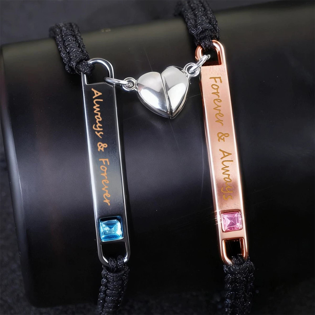 Personalized Forever & Always Couple Bracelets, Magnetic Heart Matching Braided Bracelet Set, Custom Engraved Promise Jewelry Gift For Lovers, Anniversary, Valentine’S Day