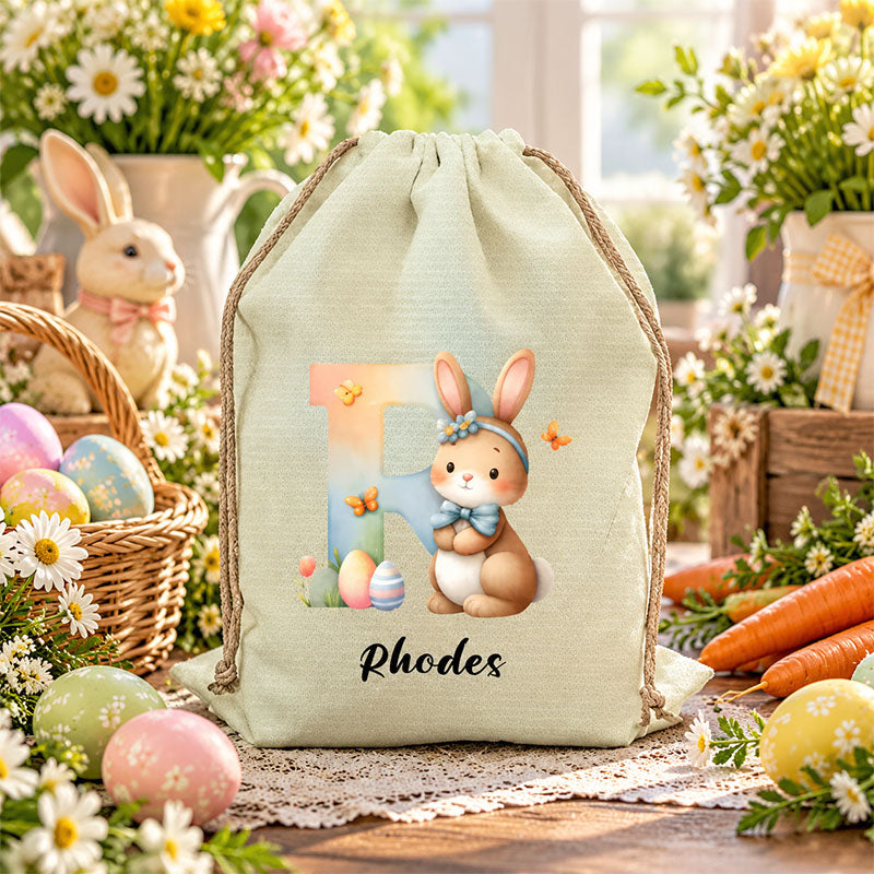 Personalized Easter Bunny Initial Drawstring Gift Bag, Custom Linen Pouch for Kids & Bridesmaids, Perfect for Easter & Wedding Favors