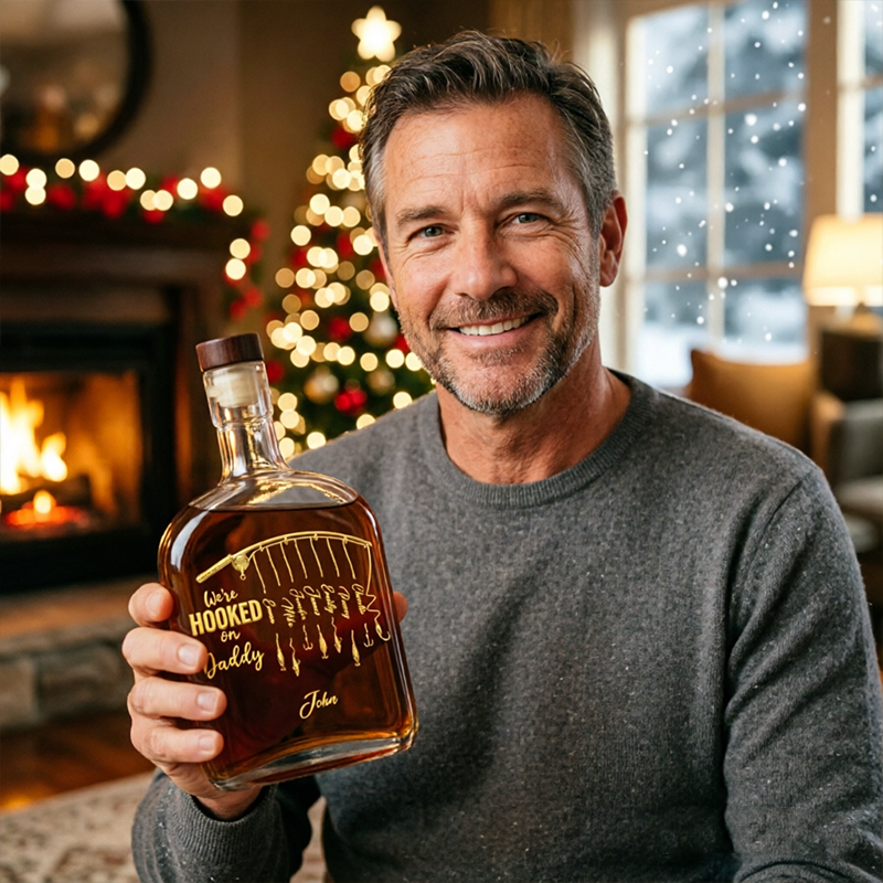 Personalized Custom-Made Whisky Bottle For A Child's Name, Decorated With A Fishing Rod Pattern, Is The Most Special Gift To Give To Dad Or Grandpa On Father's Day Or Birthday