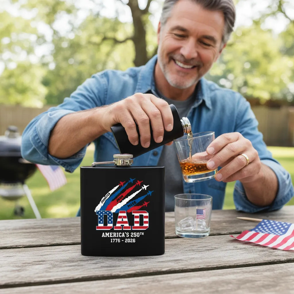 Personalized 250th Anniversary Of The Founding Of The United States Flask, Customizable With Children's Names, ,Making It A Special Gift For Fathers Or Grandfathers