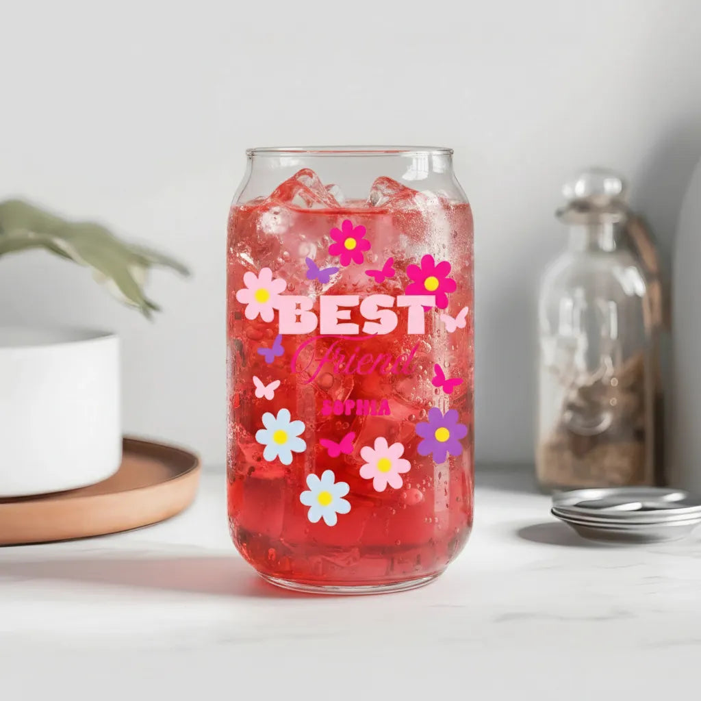 Personalized Floral "Best" Print Glass Tumbler, Custom Name & Text, A Heartfelt Gift For Family & Friends