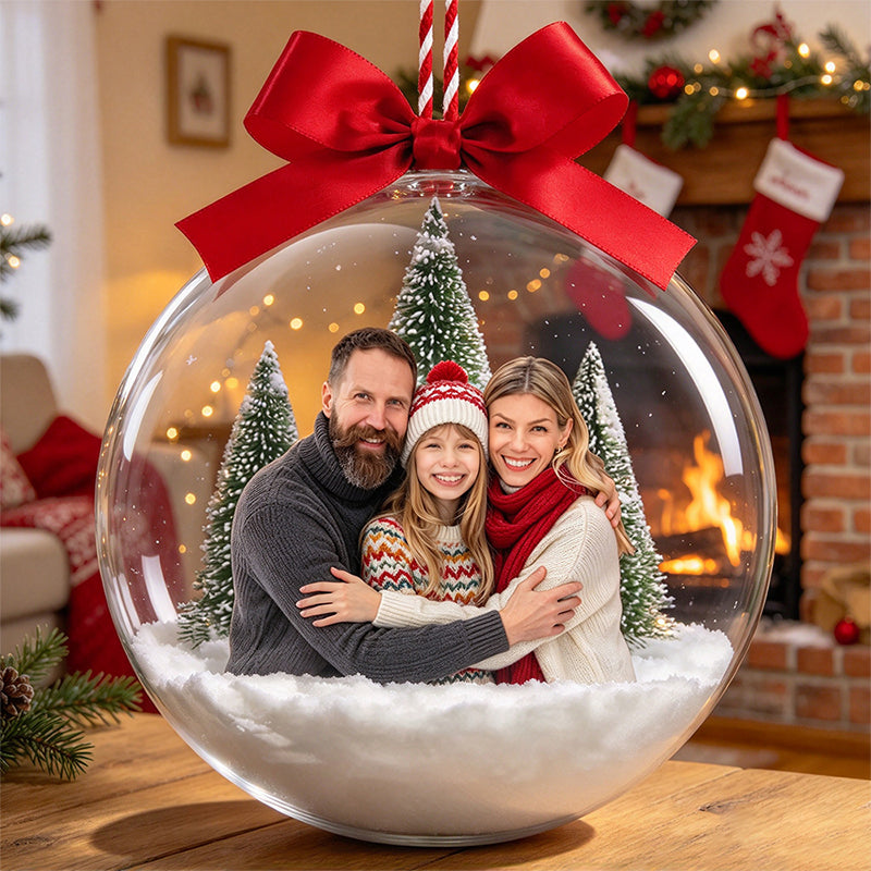 Personalized Acrylic Snow Globe Ornament, Smiling Family in Snowy Trees, Unique Christmas Gift
