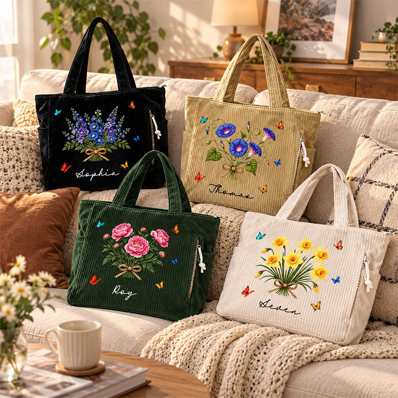 Custom Birth Flower Corduroy Tote Bag, Personalized Name Handbag for Women, Ideal Birthday Gift
