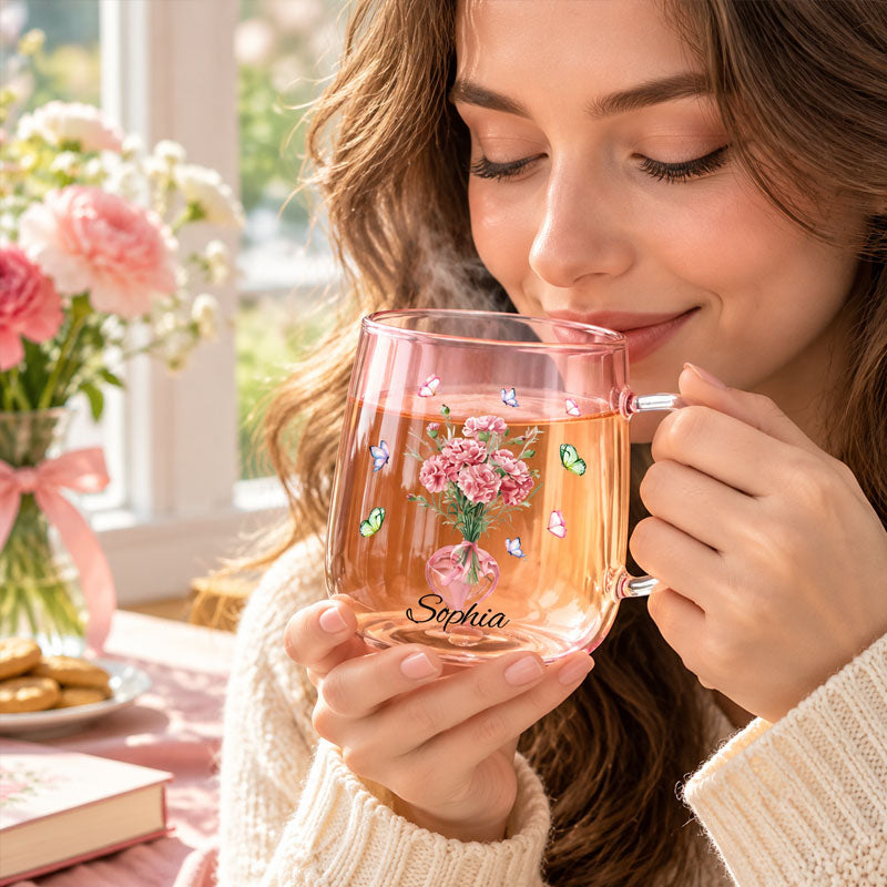 Personalized 3D Heart Shaped Glass Mug, Birth Flower and Butterfly Design, Custom Name, Great Gift for Family, Friends and Couples