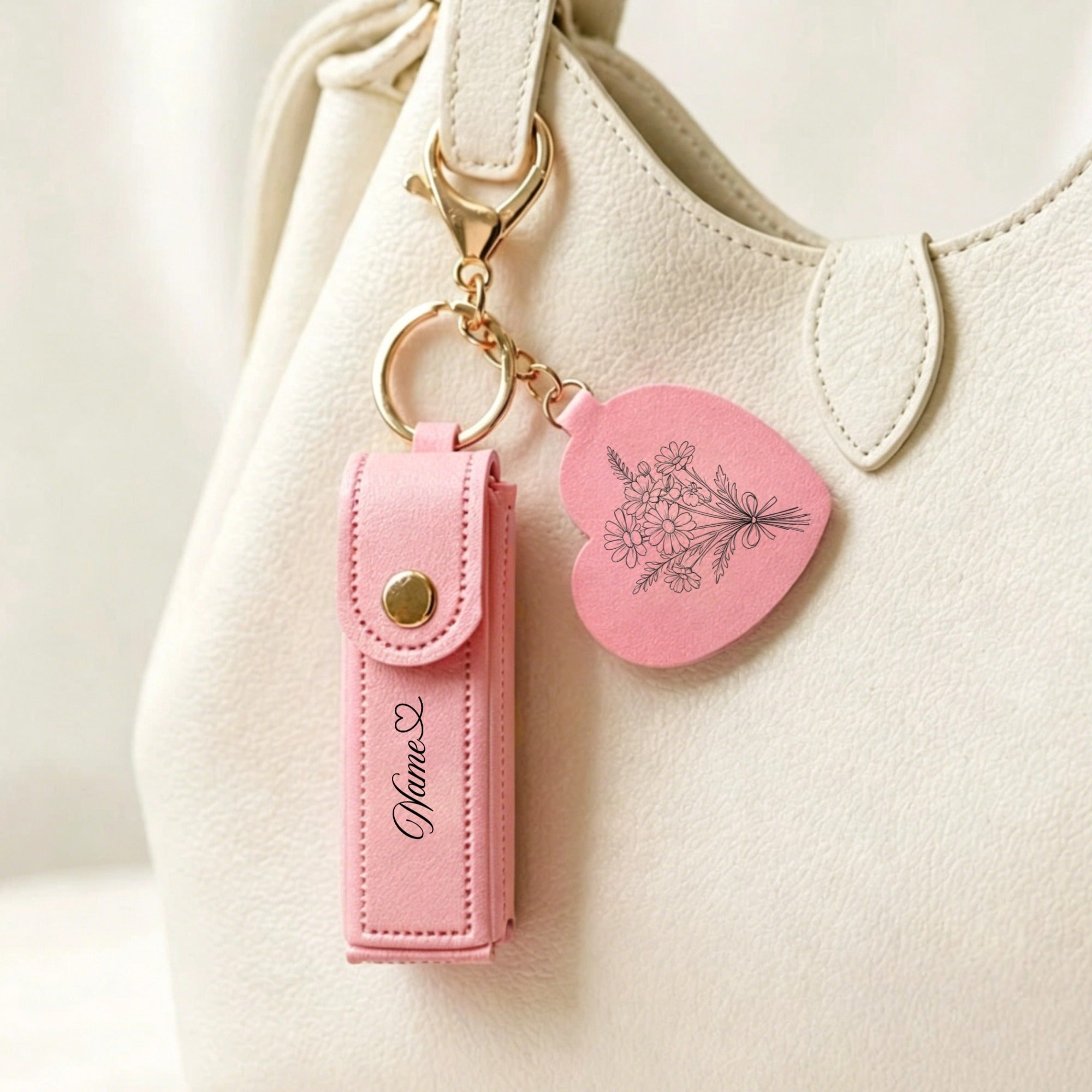 Personalized Flower & Name Lip Balm Keychain, Custom Engraved Lipstick Holder, the Perfect Gift for Her