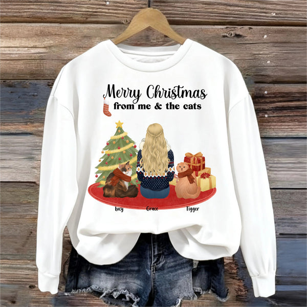 Personalized Merry Christmas From Me & Cats Sweatshirt, Gifts For Family, Cat Lovers