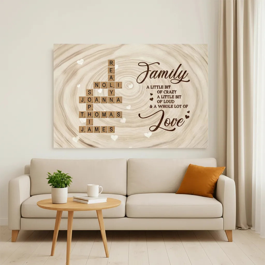 Personalized Family Crossword Poster Wall Art, Rustic Wood Look, Unique Gift for Mom, Dad & Family for a Whole Lot of Love