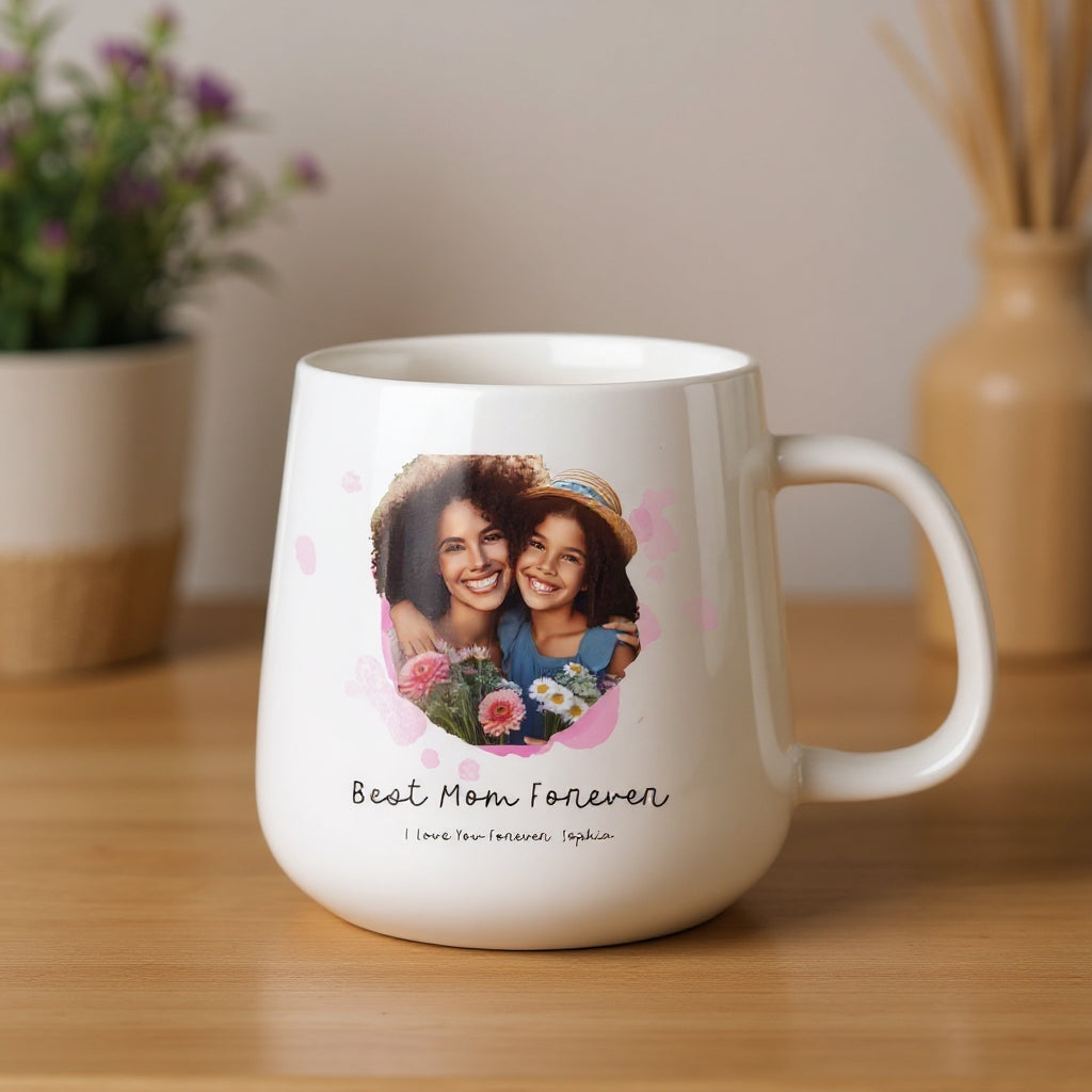 Personalized Best Mom Forever Mug, Custom Floral Photo Gift for Mothers & Grandmothers, Mother's Day & Birthday Keepsake