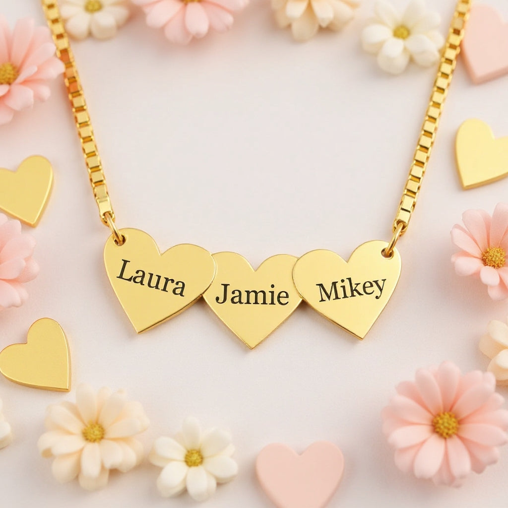 18K Gold Heart Engraved Necklace, Personalized Name Necklace for Couples, Parents and Kids, Valentine's Day Gift