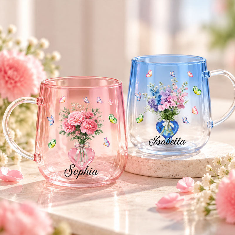 Personalized 3D Heart Shaped Glass Mug, Birth Flower and Butterfly Design, Custom Name, Great Gift for Family, Friends and Couples
