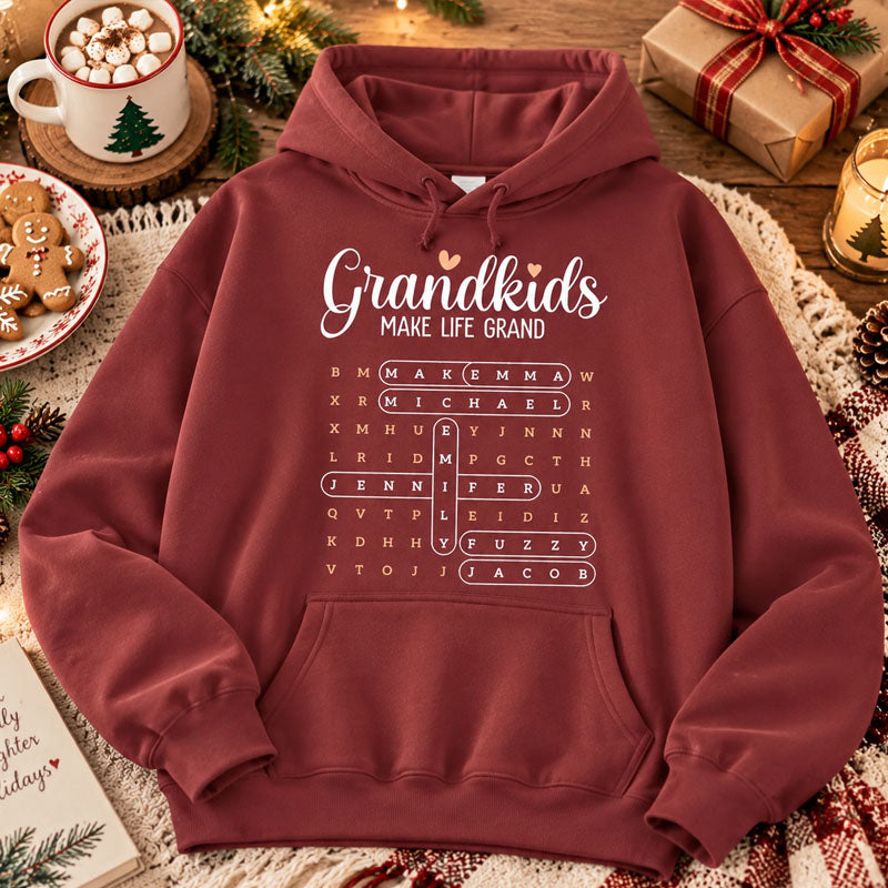 Personalized Hooded Sweatshirt Printed with "Grandkids Make Life Grand", Special Gift for Family for Thanksgiving, Christmas and Mother's Day