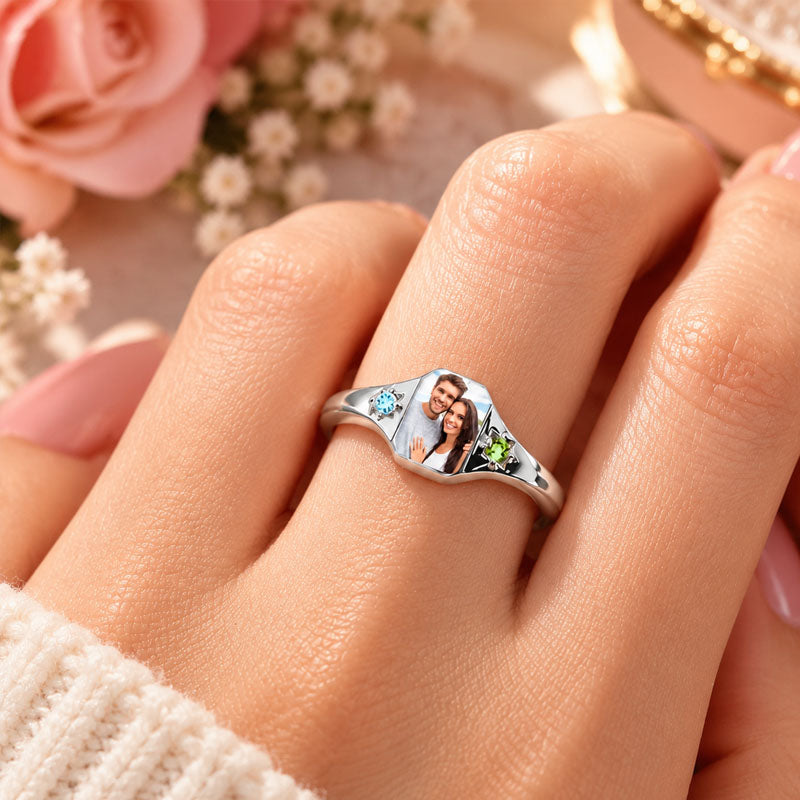 Personalized Birthstone Ring, Custom Birth Month Stone and Photo, Romantic Anniversary and Wedding Gift for Couples, Special Gift for Her