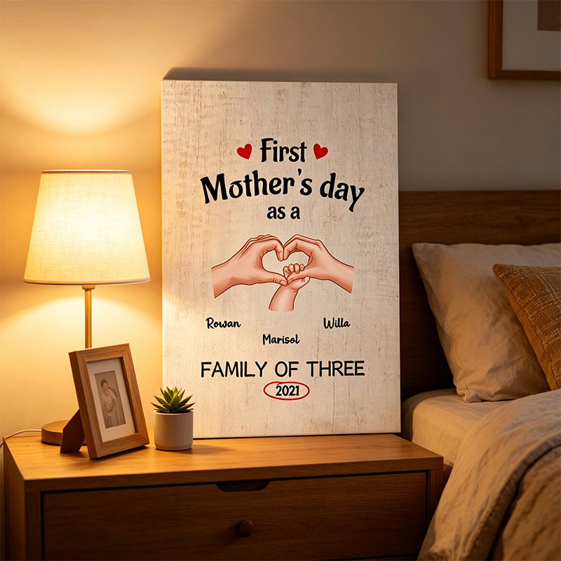 First Mother’s Day as a Family of Three, Personalized Custom Canvas Print, Hand Heart Design with Dad/Mom/Baby Skin Tones, Names & Year, Perfect Gift for New Moms, Home Decor for Nursery or Living Room