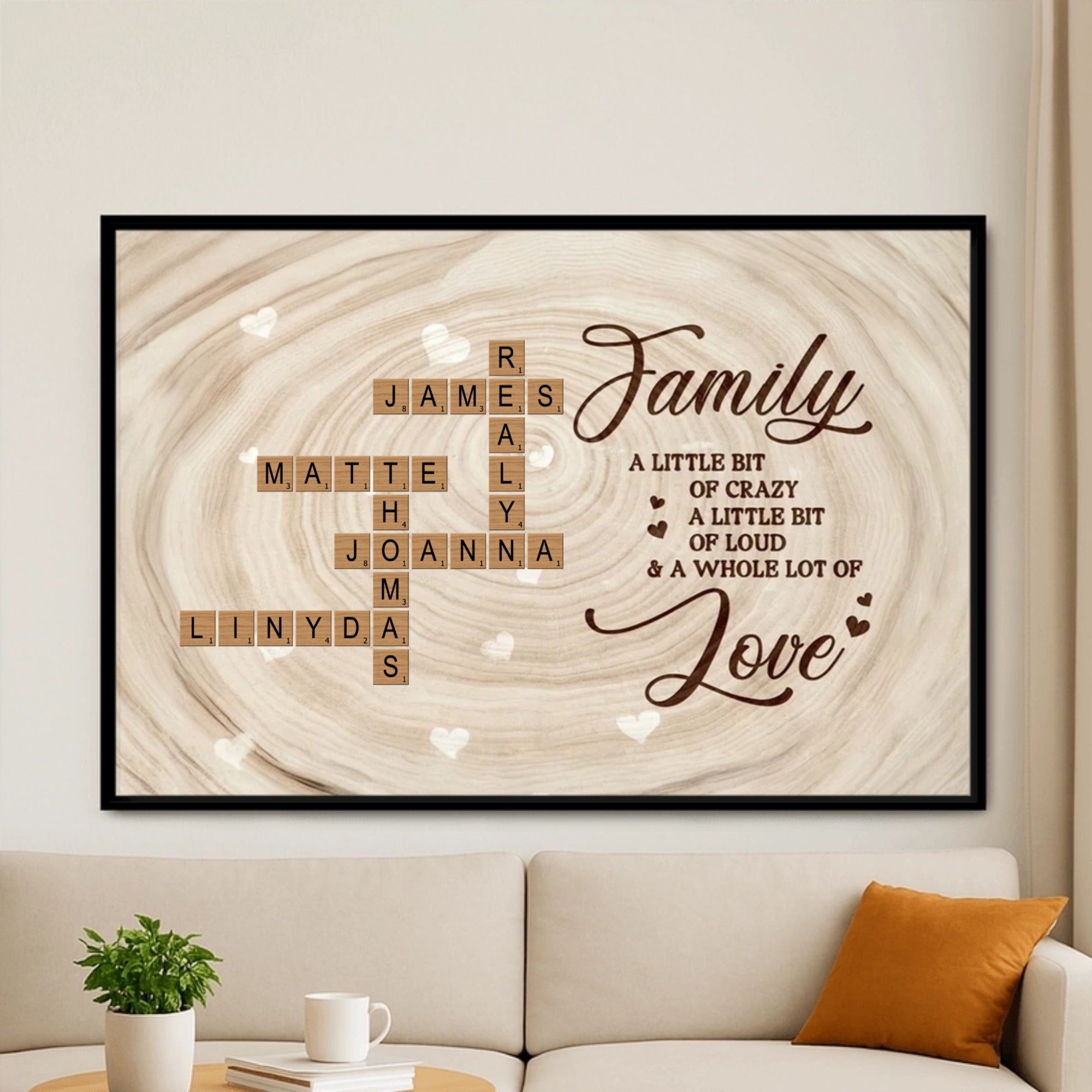 Custom Family Name Puzzle Crossword Personalized Wall Art Poster, Rustic Wood Look, Unique Gift for Family, Mom, Dad, Grandparents with a Whole of Love