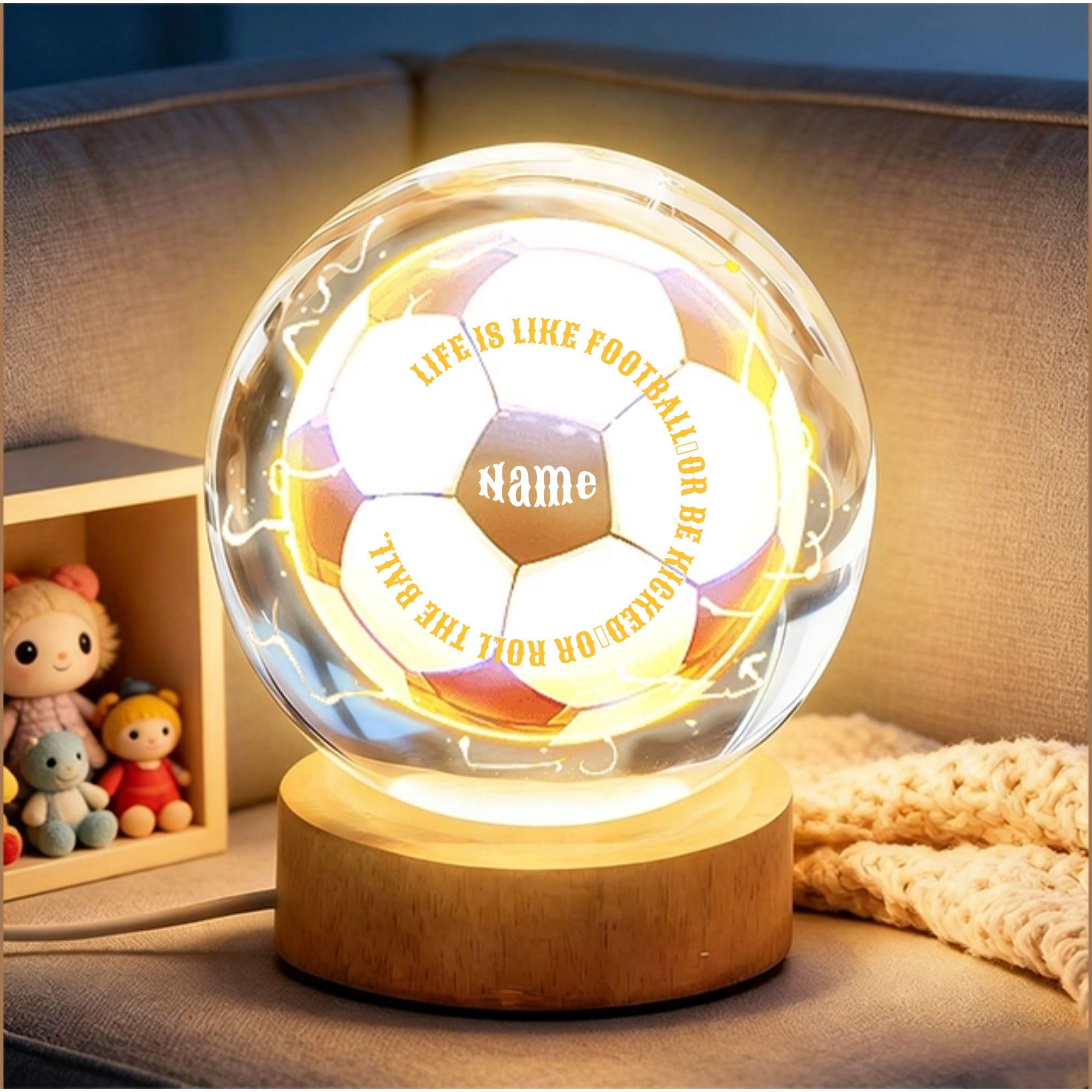 Personalized Football Crystal Ball Night Light Design, Customizable Exclusive Name And Text, The Perfect Gift For Football Lovers