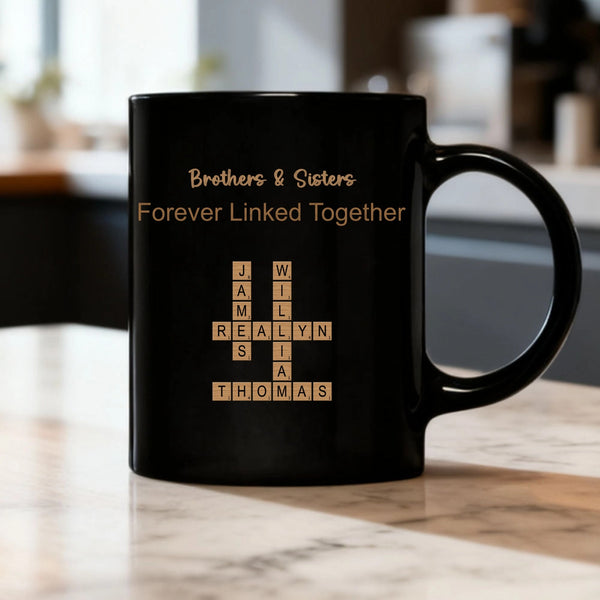 Brothers & Sisters Forever Linked Together Crossword Puzzle Art Personalized Mug, Gift For Brothers, Sisters, Siblings, Family