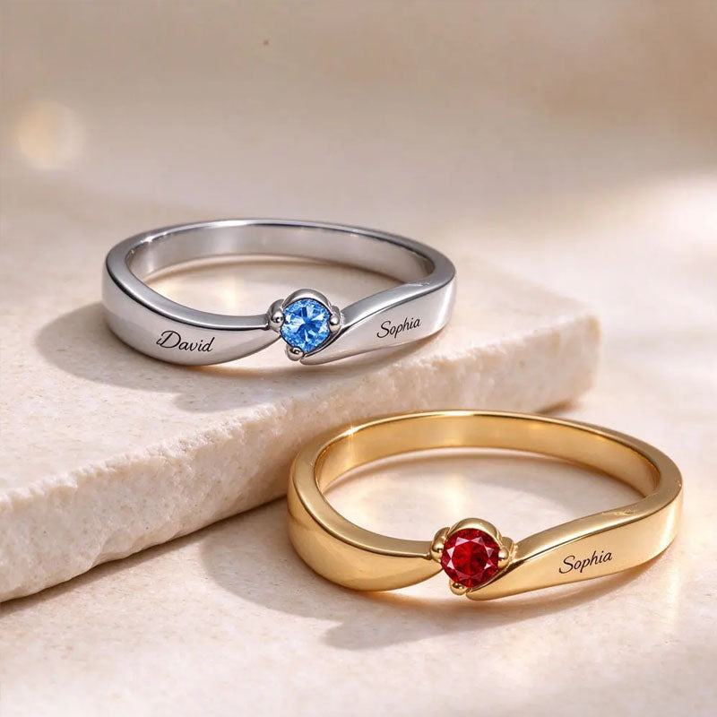 Personalized Wedding Rings, Custom Birthstone and Name Engraving, Ideal Gift for Couples, Family and Friends for Special Occasions