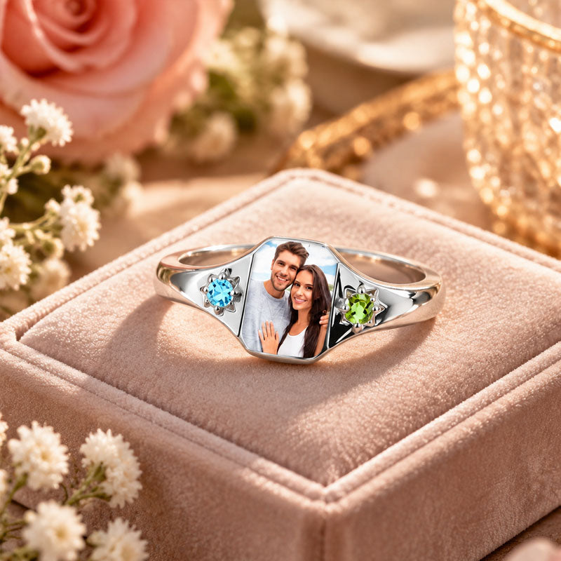 Personalized Birthstone Ring, Custom Birth Month Stone and Photo, Romantic Anniversary and Wedding Gift for Couples, Special Gift for Her