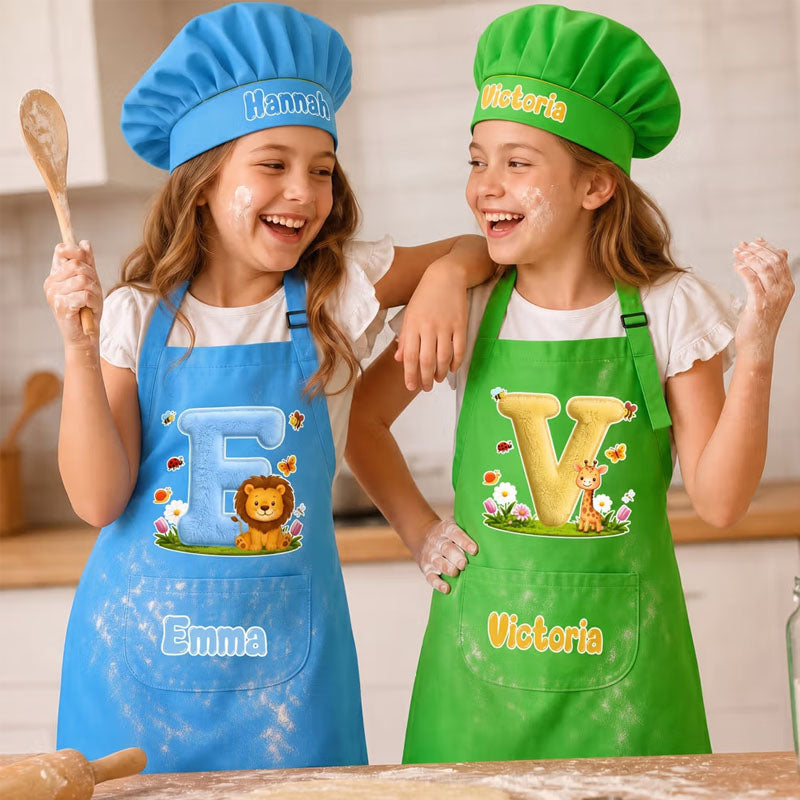 Personalized Kids Adjustable Apron and Chef Hat Set, Cute Animal Pattern with Initial Design, Custom Name, Special Gift for Boys and Girls
