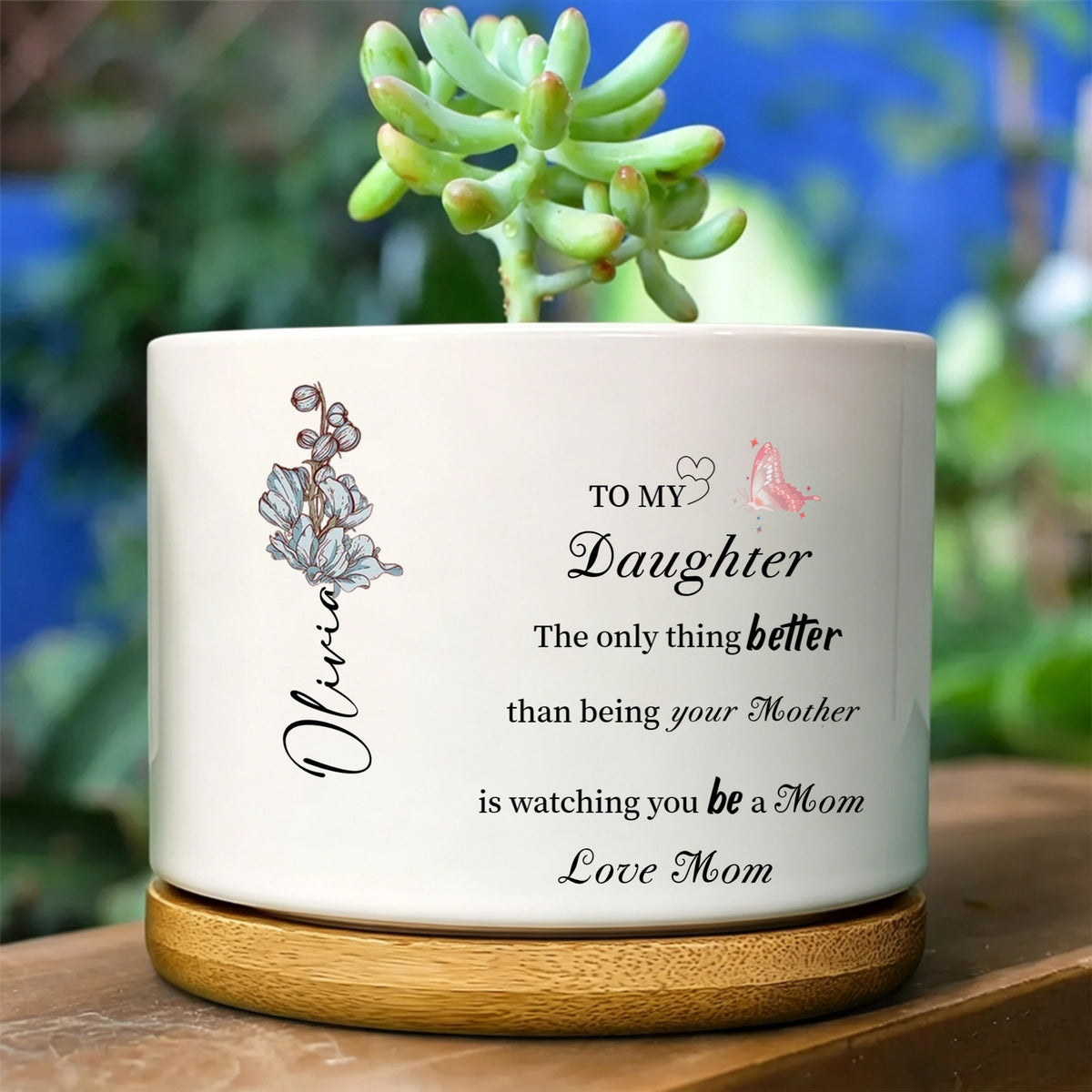 Personalized Succulent Pot with Birth Flower, Custom Name & Text, Ceramic Planter with Bamboo Tray, Gift for Daughter, Mom, Grandma, Mother's Day, Birthday