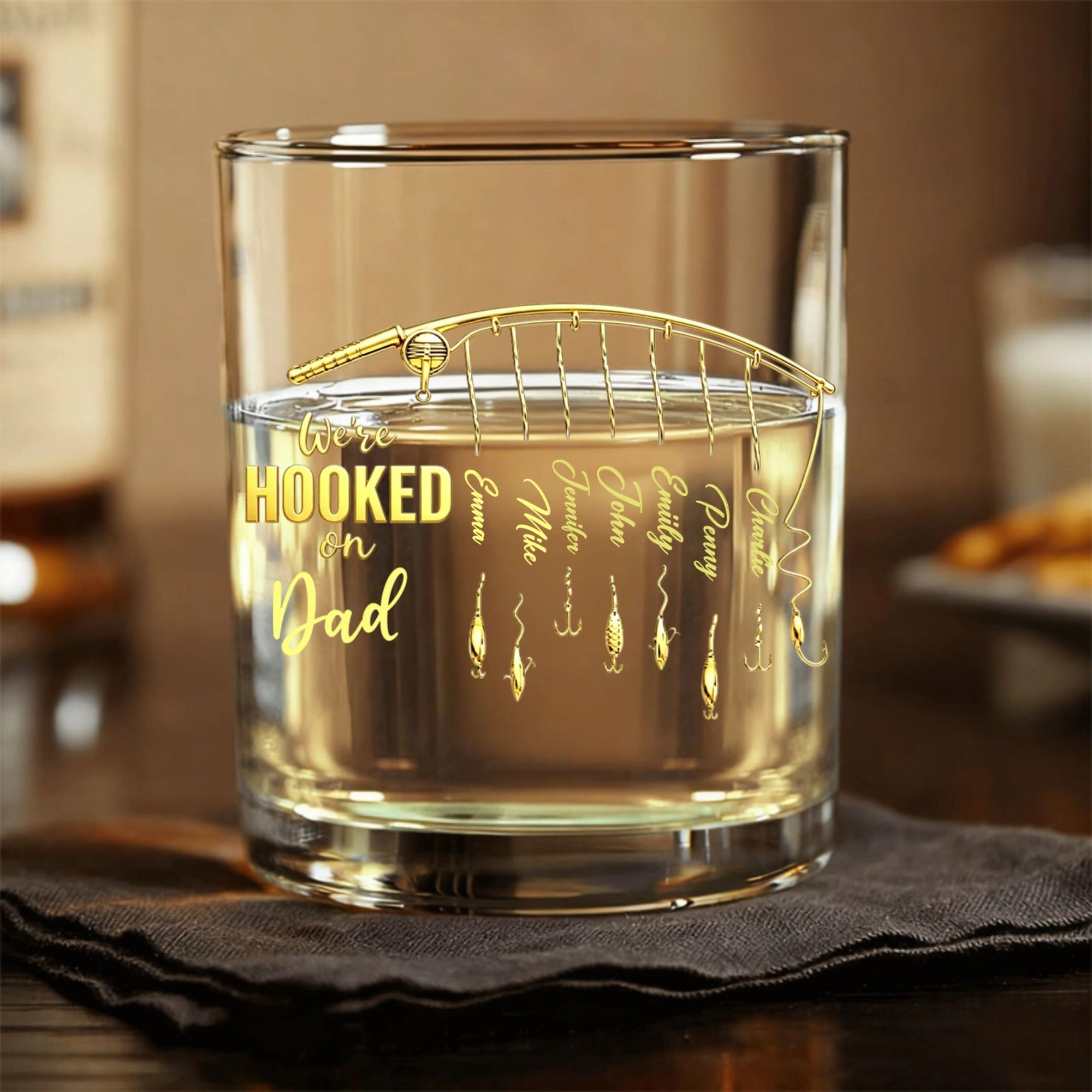 Personalized Whisky Glass Engraved With A Child's Name And Featuring A Fishing Rod Design, Making It A Unique Gift For Dad Or Grandpa On Father's Day Or A Birthday