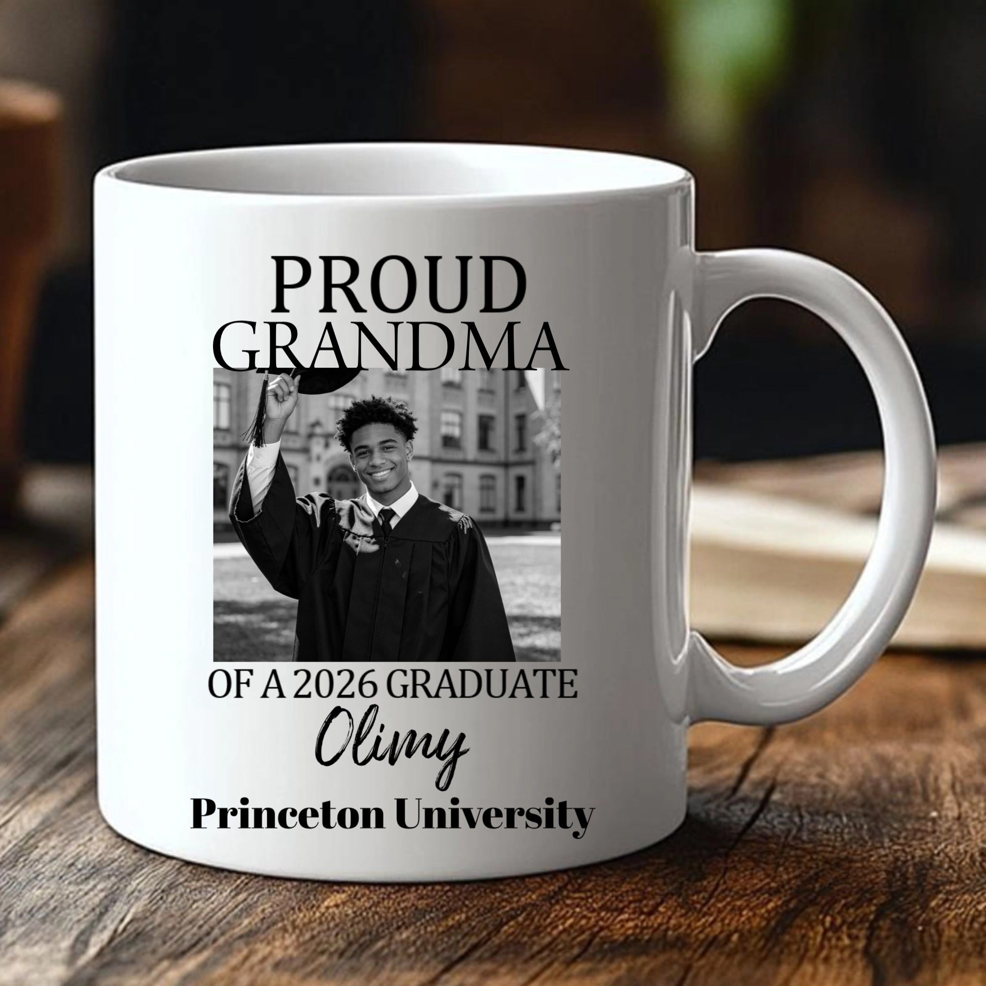 A white mug with a personalized graduation photo and name, perfect as ...