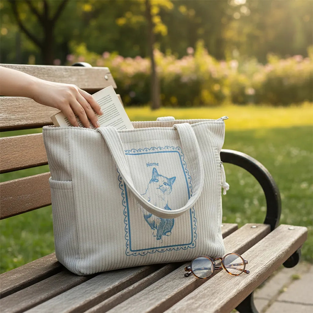 Personalized Pet Line Art Corduroy Tote Bag Design, Customizable Pet Name & Photo Tote Bag, The Perfect Gift For Pet Lovers