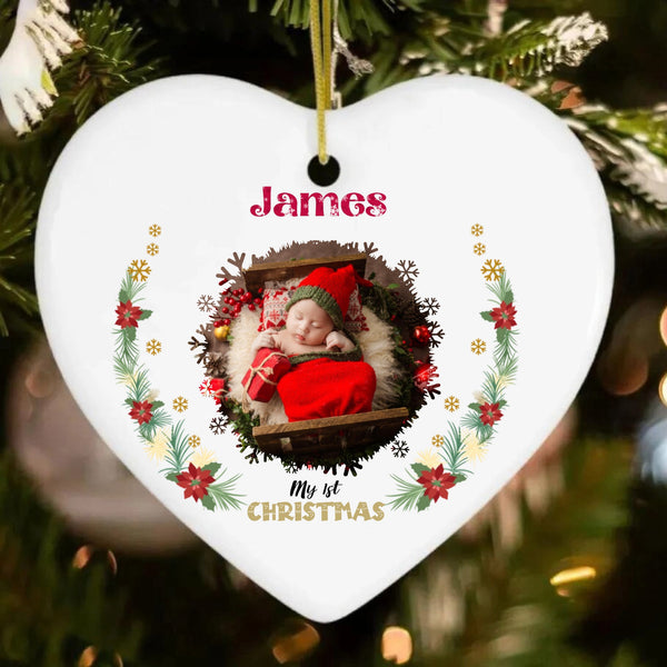 Ceramic Heart Ornament for First Christmas – Custom Family or Pets Illustration, Sentimental Keepsake, Perfect Gift for Loved Ones
