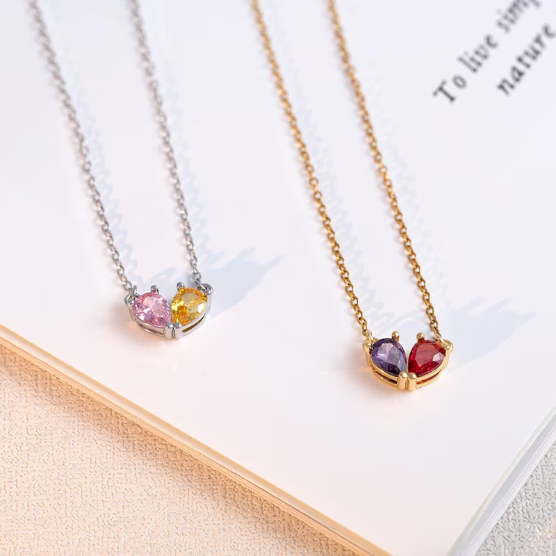 Personalized Custom Double Teardrop Copper 12-Month Birthstone Necklace, Custom Monthly Gemstone Jewelry for Women, Gift for Mom Daughter Friend Birthday
