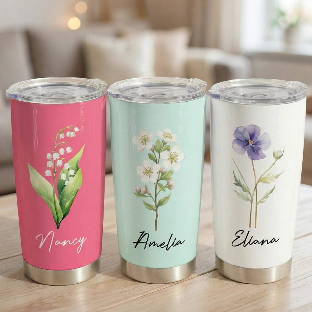 Personalized Birth Flower Insulated Travel Tumbler with Name Cute Floral Gift for Friends Coworkers Sisters Daughters