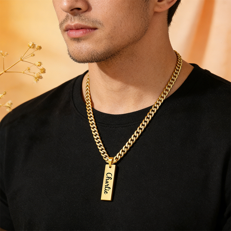 Personalized Long Bar Necklace for Men, Custom Name Engraved, Stainless Steel Pendant, Birthday Gift for Him, Father's Day Present, Valentine's Day gift