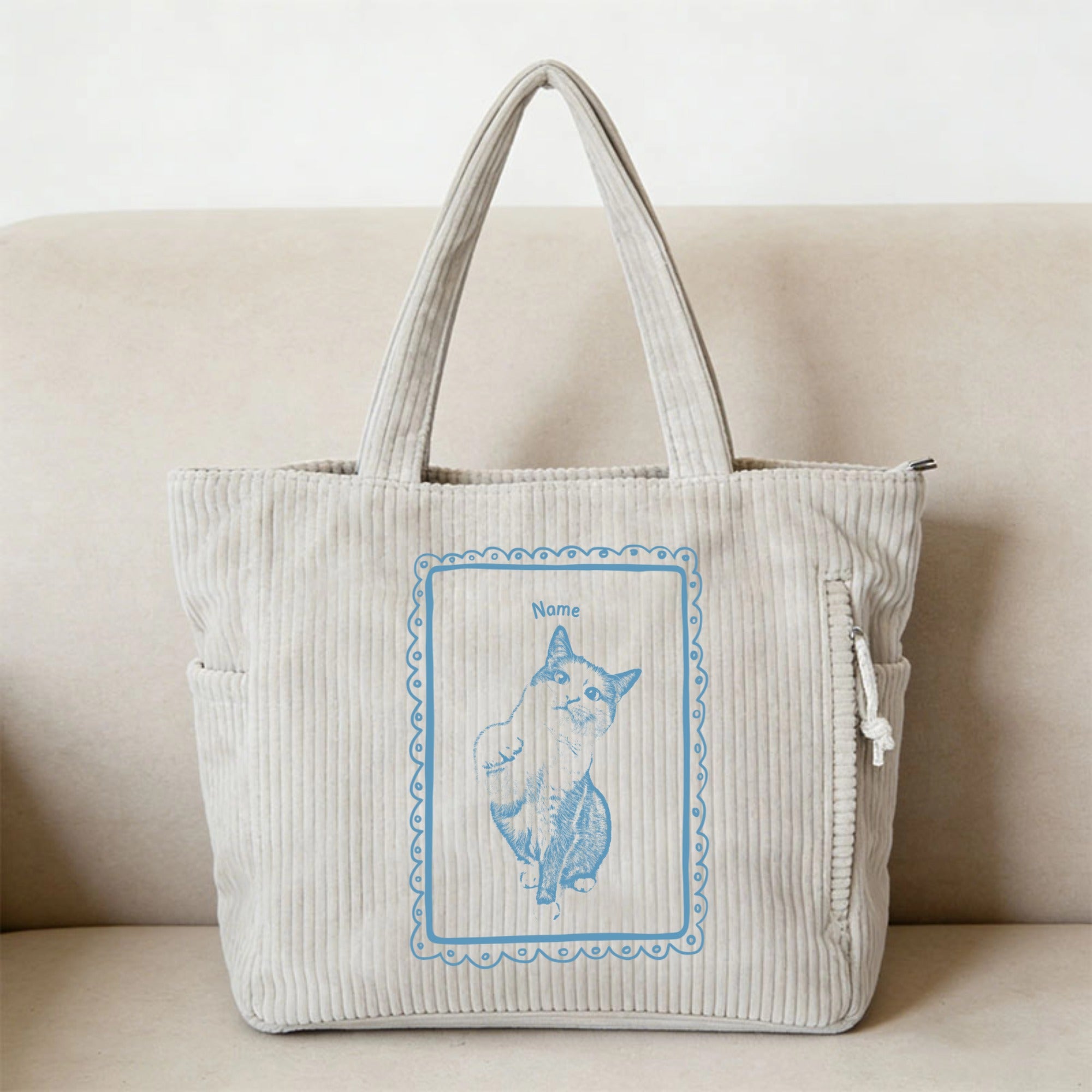 Personalized Pet Line Art Corduroy Tote Bag Design, Customizable Pet Name & Photo Tote Bag, The Perfect Gift For Pet Lovers