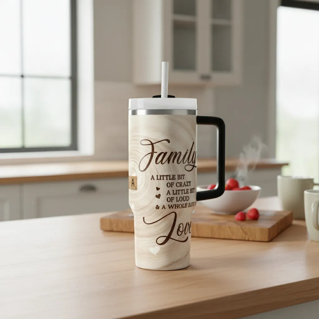 Family Name Crossword Art Personalized Tumbler with Handle - Perfect Gift for Family Memebers with Whole of Love