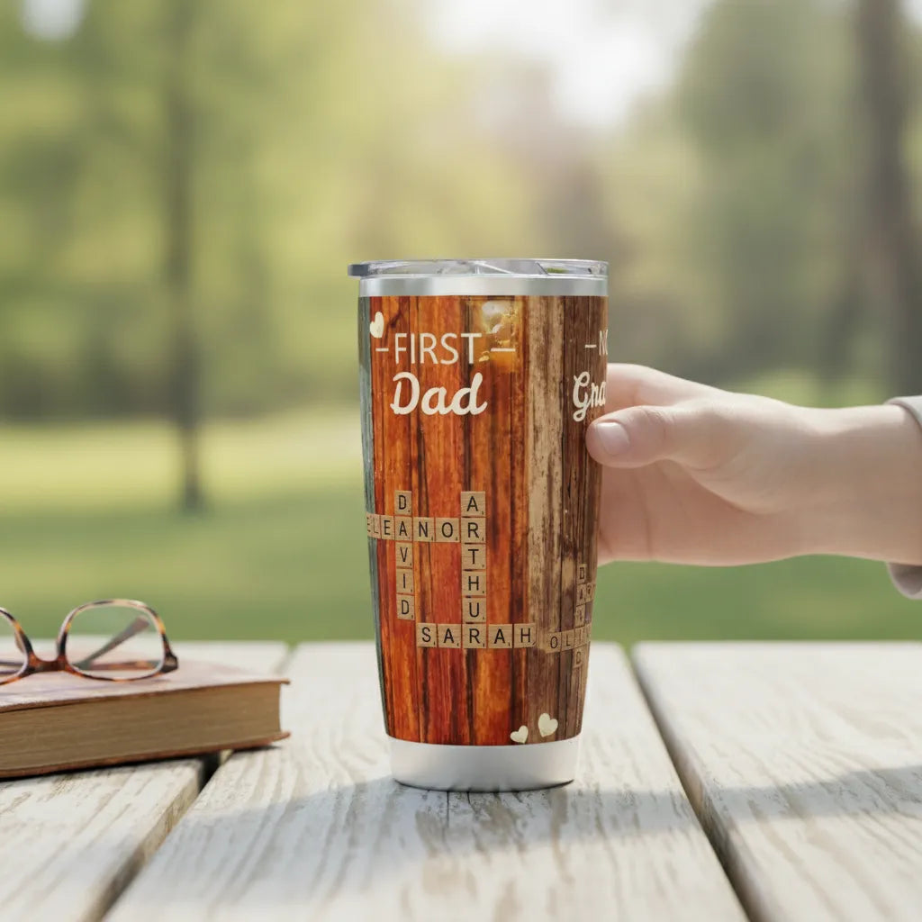 Personalized Customized Family Word Puzzle Game 20 oz Travel Thermos Cup, "First It Was Dad, Now It's Grandpa", Allows Customization Of Family Names, Making It A Special Gift For Family Members And Friends