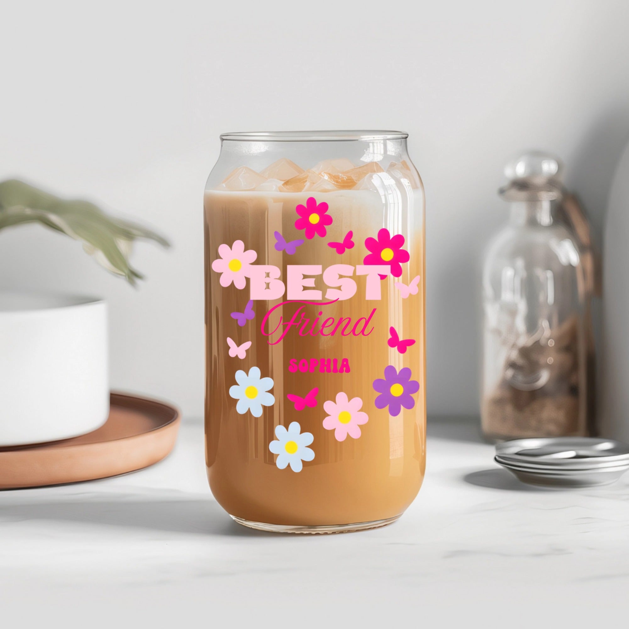 Personalized Floral "Best" Print Glass Tumbler, Custom Name & Text, A Heartfelt Gift For Family & Friends