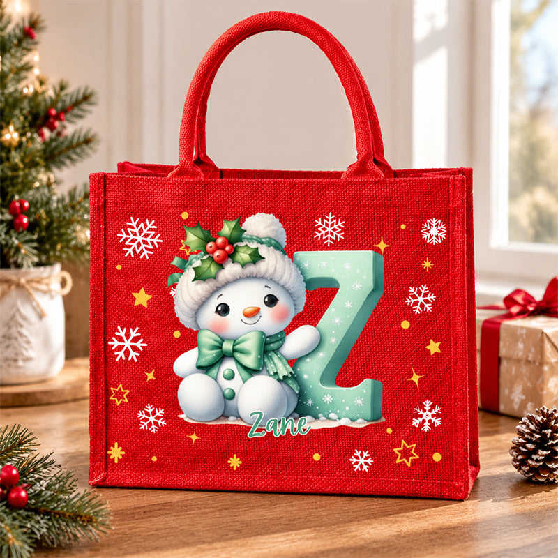 Personalized Cute Cartoon Snowman Large Jute Tote Bag with Name and Initial Party Favors Christmas Gift for Kids Family Friends