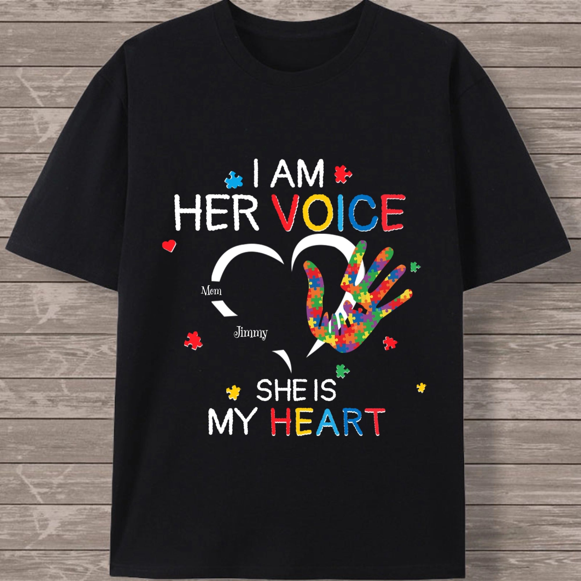 Personalized Autism Awareness Classic Tee I Am His Voice He Is My Heart Puzzle Hand Unique Gift for Mom