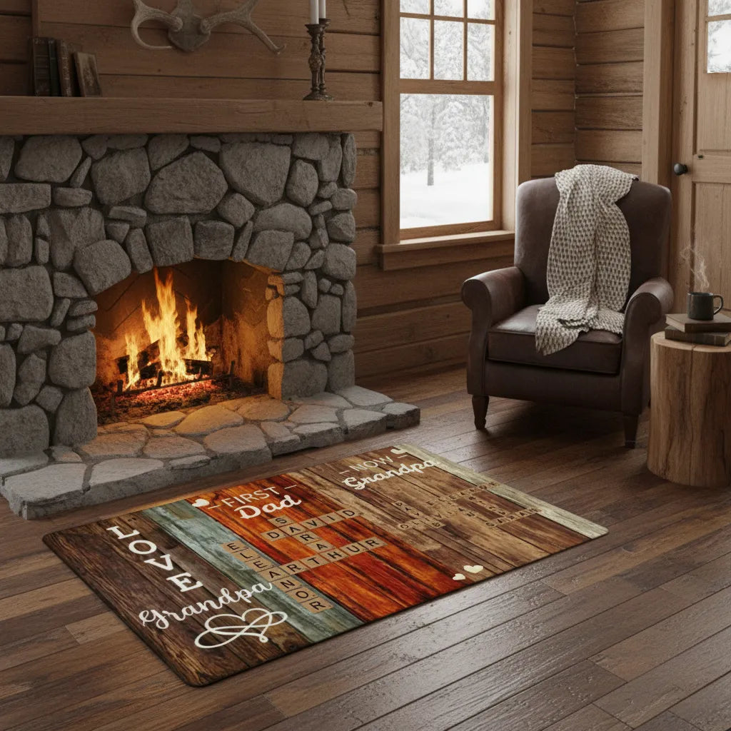 Personalized Custom Family Word Puzzle Floor Mat, "First It Was Dad, Now It's Grandpa". Customizable With Family Names. This Is The Most Special Gift You Can Give To Family And Friends On Housewarming Or Other Celebration Occasions