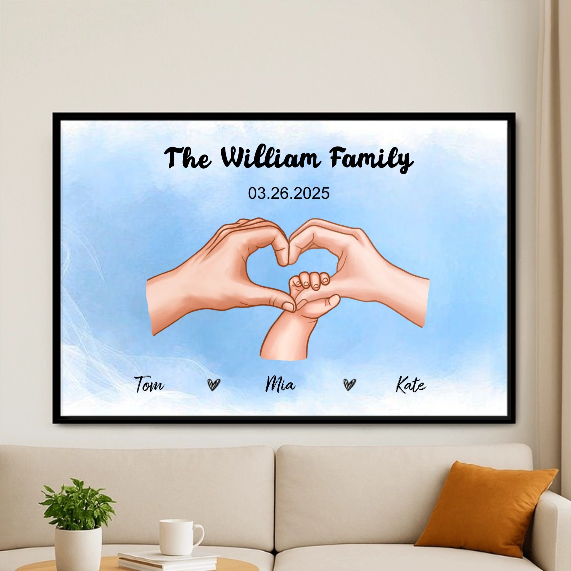 Personalized heart-shaped family decoration posters, with customizable backgrounds, skin tones, and fonts, perfect as a gift for new parents, anniversaries, or housewarming celebrations.