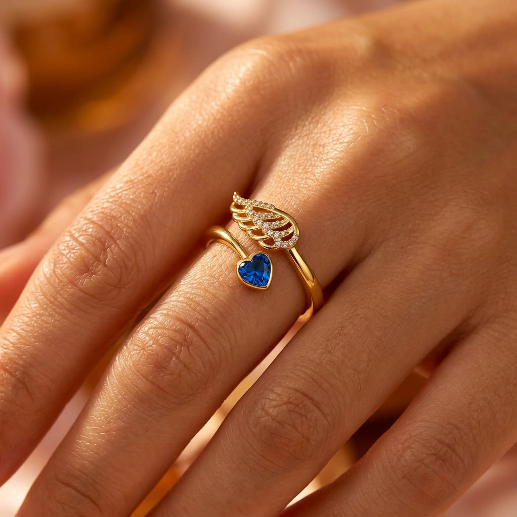 Angel Wing & Heart Personalized Birthstone Ring, Adjustable Open Band, Gift for Her, Perfect for Birthdays, Anniversaries, Valentine’s Day
