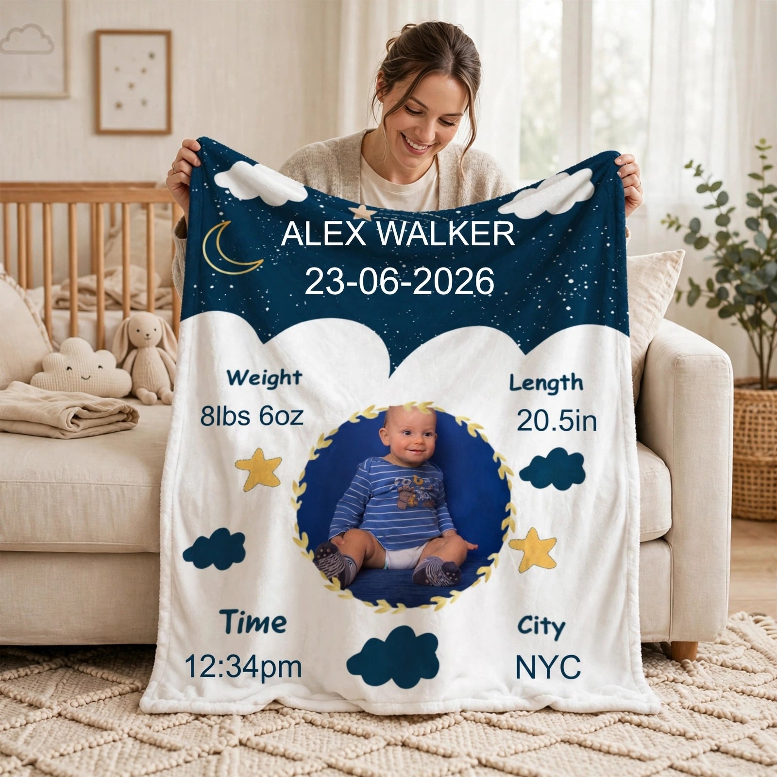 Custom Baby Birth Details Blanket Personalized Newborn Star & Cloud Milestone Blanket with Photo and Name Infant Keepsake & Baby Shower Gift