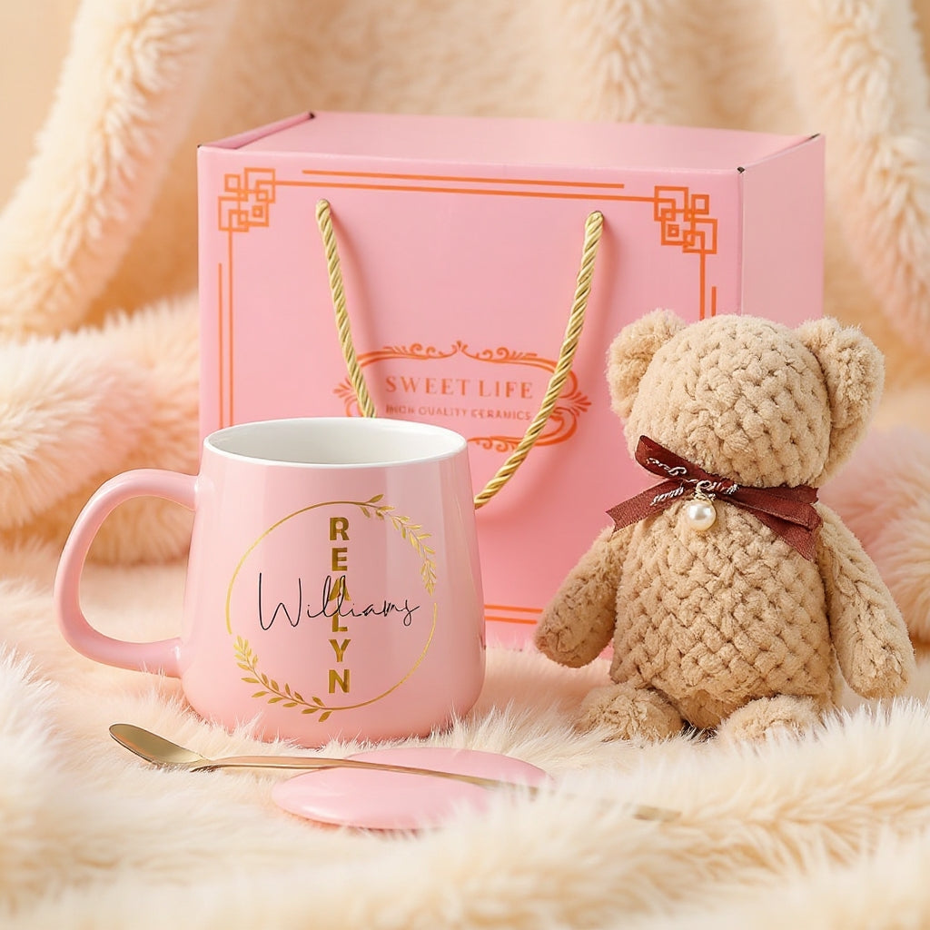 Customized Pink Bear Towel Ceramic Mug Gift Set with Lid - Perfect Personalized Gift for Self and Loved Ones