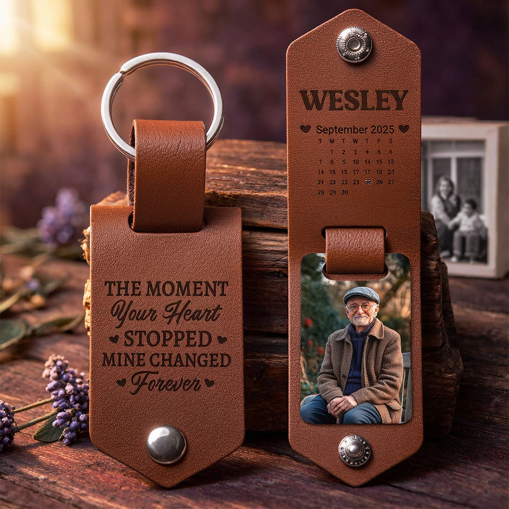 Personalized Memorial Photo Keychain, Custom Engraved Name Date Quote Leather Keyring for Grieving Loss of Loved One, Sympathy Condolence Gift for Bereaved Family Friend