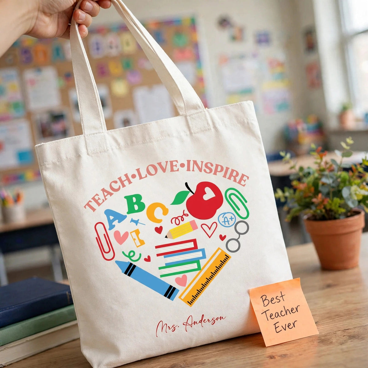 Personalized Teacher Tote Bag, Teach Love Inspire Canvas Bag, Back to School Teacher Appreciation Gift, Custom Name Tote for Teachers